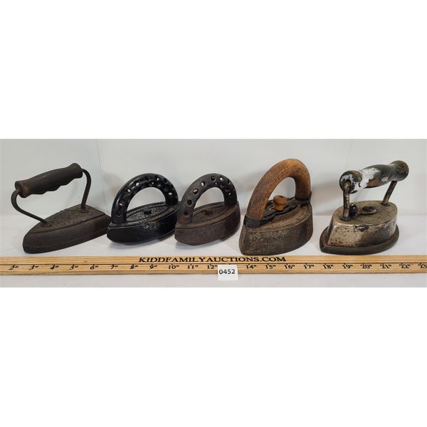 LOT OF 5 - ANTIQUE IRONS - INCL TAYLOR FORGERS GUELPH