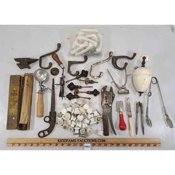 JOB LOT - MISC TOOLS AND HARDWARE - INCL WALL HOOKS, MINI ANVIL, GLOBE FILE ETC.