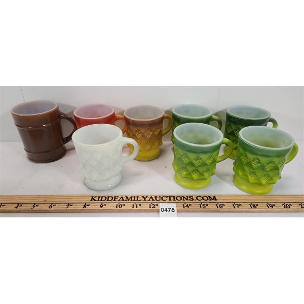 LOT OF 8 - ANCHOR HOCKING FIRE KING MUGS - INCL KIMBERLY PATTERN