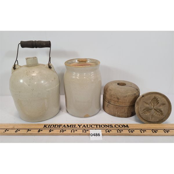 LOT OF 3 - SMALL CROCKS AND BUTTER PRESS