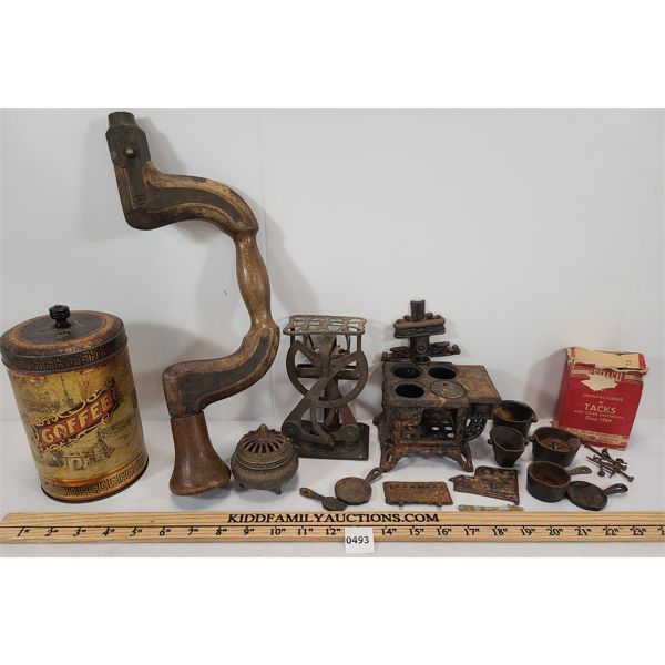 JOB LOT - CAST STOVE, BALANCE SCALE, COFFEE TIN ETC.