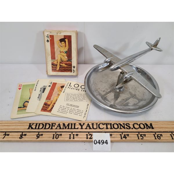 LOT OF 2 - AIRPLANE ASHTRAY & RISQUE PIN-UP PLAYING CARDS