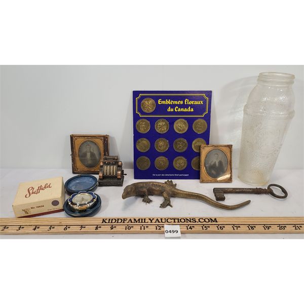 JOB LOT - TINTYPES, TODDY BOTTLE, LARGE SKELETON KEY ETC. 