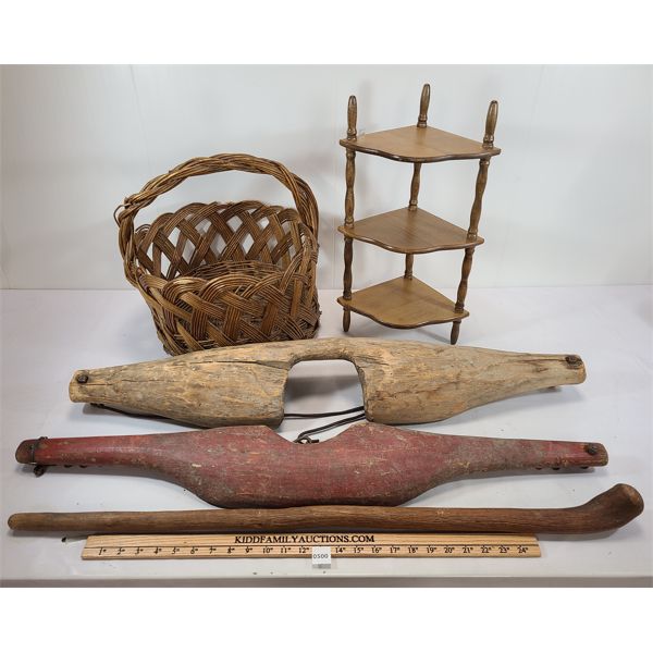 LOT OF 5 - YOKES, CANE, WOVEN BASKET AND SMALL CORNER SHELF