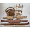 Image 1 : LOT OF 5 - YOKES, CANE, WOVEN BASKET AND SMALL CORNER SHELF