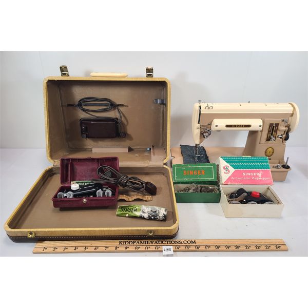 LOT OF 2 - VINTAGE SINGER SEWING MACHINE & FOLDING SEW MACHINE TABLE