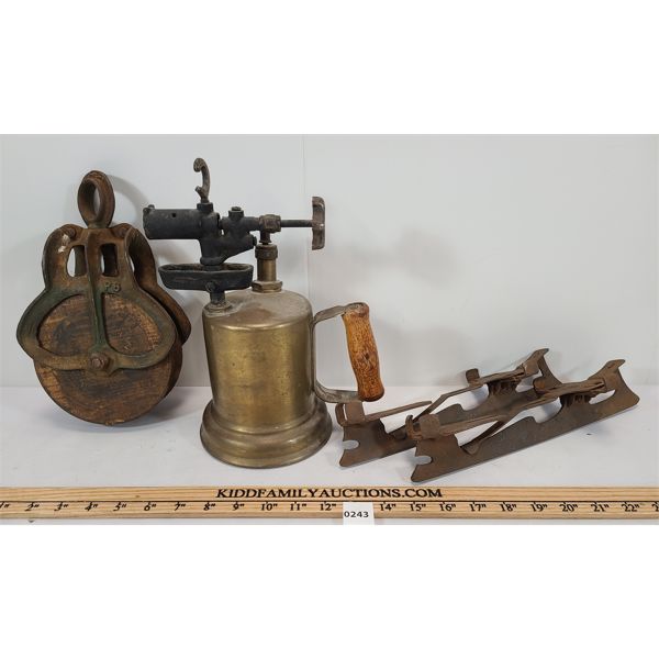 LOT OF 3 - BRASS BLOW TORCH, PULLEY AND PAIR OF VINTAGE ICE SKATES