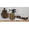 Image 2 : LOT OF 3 - BRASS BLOW TORCH, PULLEY AND PAIR OF VINTAGE ICE SKATES