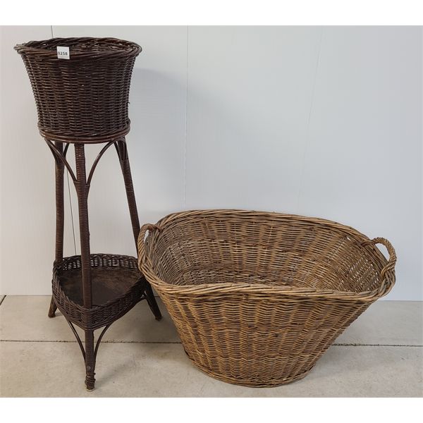 LOT OF 2 - LARGE WICKER BASKET AND PLANT STAND