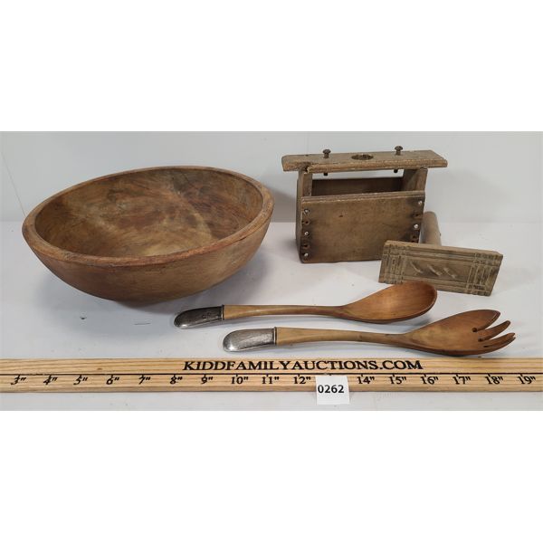 LOT OF 4 - BUTTER PRESS, WOODEN BOWL AND 2 STERLING TIPPED UTENSILS