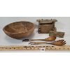 Image 1 : LOT OF 4 - BUTTER PRESS, WOODEN BOWL AND 2 STERLING TIPPED UTENSILS