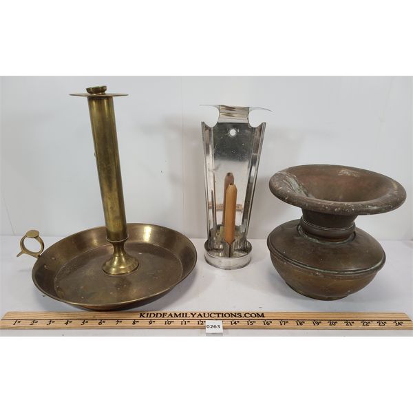 LOT OF 3 - CANDLESTICK HOLDERS AND BRASS SPITTOON