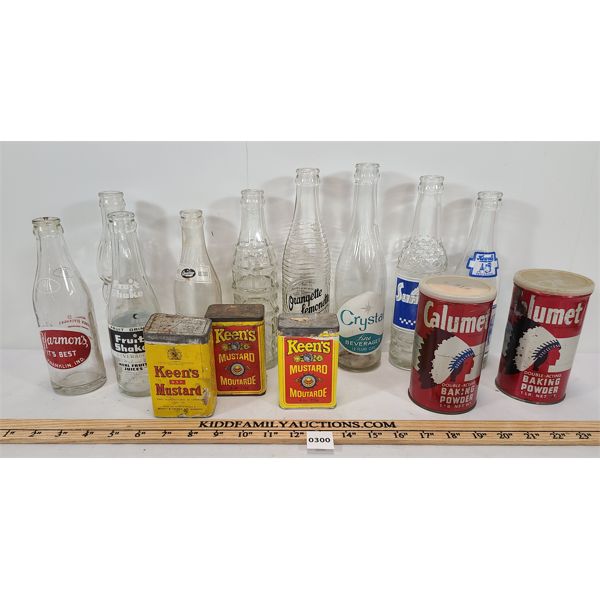 JOB LOT - QTY SODA BOTTLES, CALUMET TINS, KEEN'S MUSTARD CANISTERS