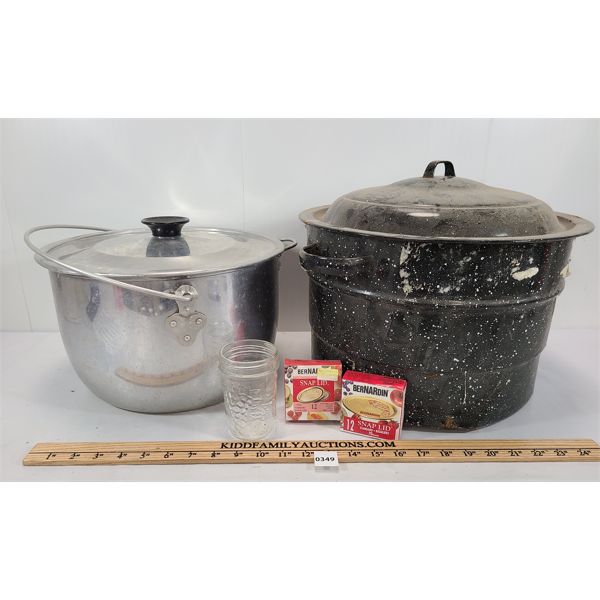 LOT OF 5 - CANNING POTS W/ LIDS & ACCESSORIES