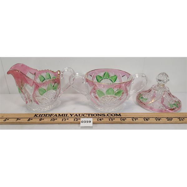 LOT OF 2 - BLUSH (?) PINK & GREEN CREAMER & SUGAR DISH W/ LID