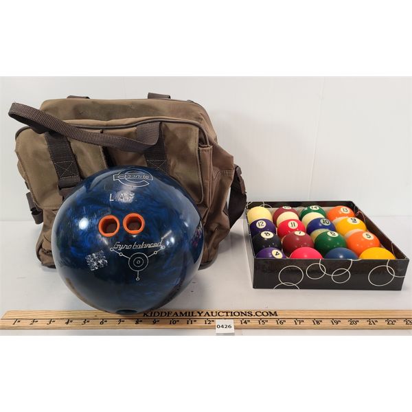 LOT OF 2 - EBONITE 13LBS BOWLING BALL & SET OF BILLIARDS BALLS