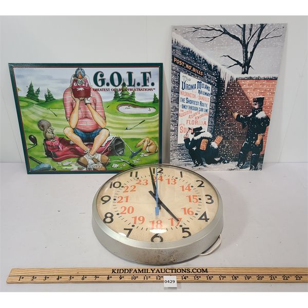 LOT OF 3 - EDWARDS PLUG-IN WALL CLOCK, SST GOLF & RAILWAY SIGNS