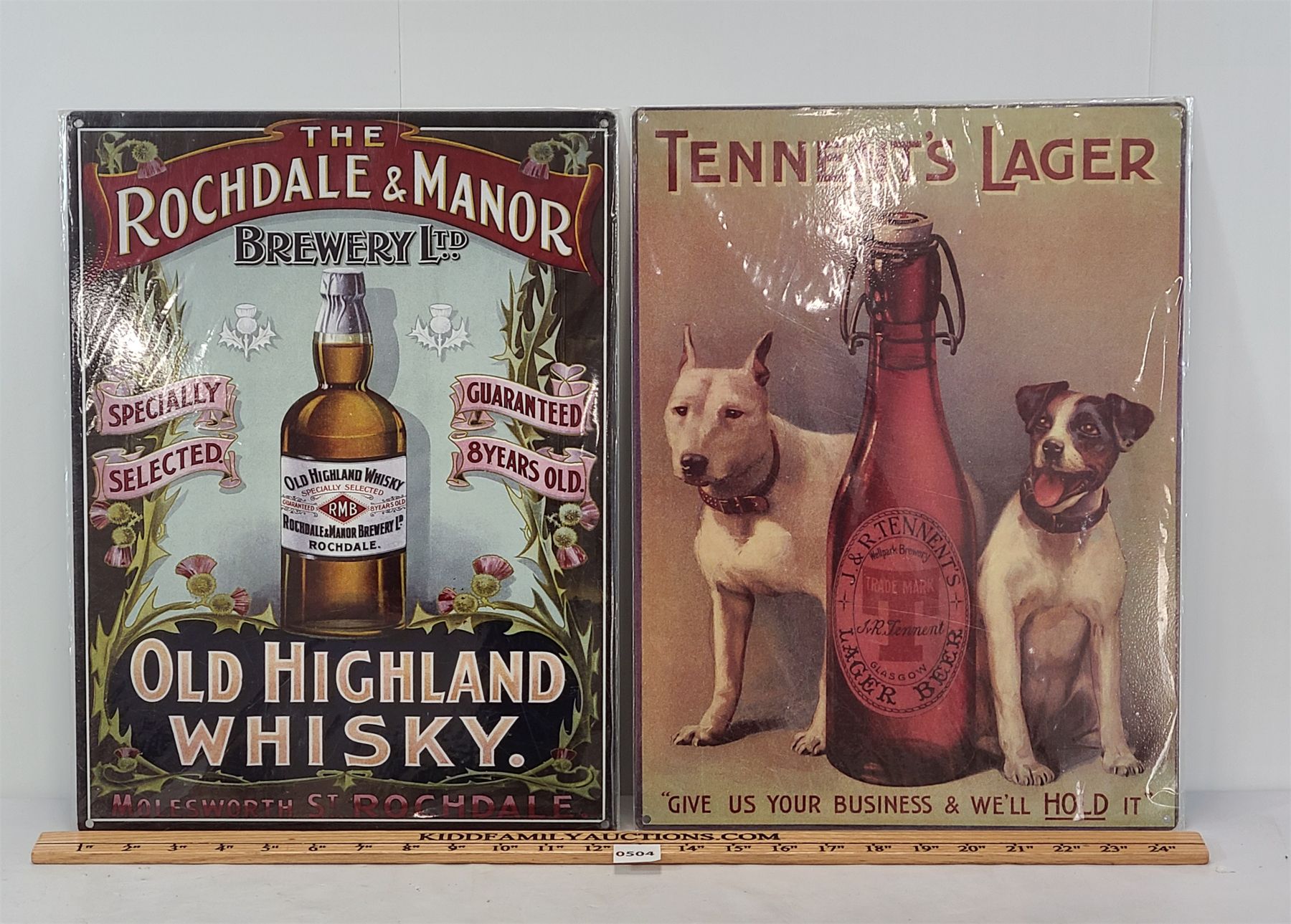 LOT OF 2 - SST REPRO SIGNS - INCL OLD HIGHLAND WHISKY & TENNENT'S LAGER ...