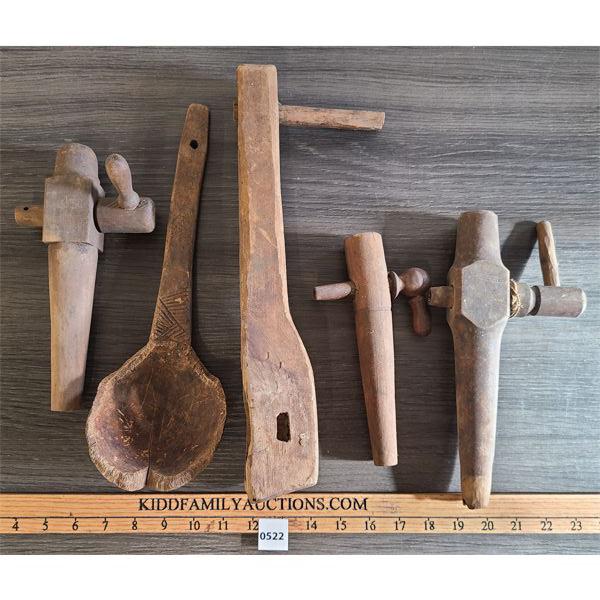 LOT OF 5 - PRIMITIVE SPOONS & BARREL TAPS 