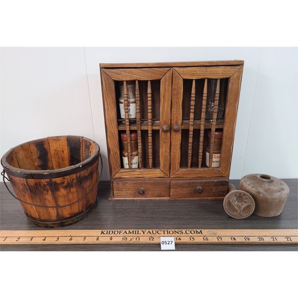 LOT OF 3 - SPICE RACK - BANDED BUCKET & FLOWER STYLE BUTTER PRESS