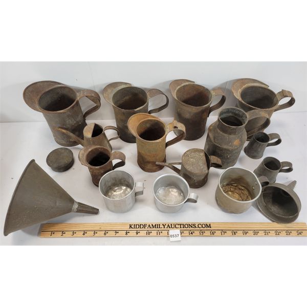 JOB LOT - MEASURING PITCHERS, FUNNEL, OIL TINS, ETC. 