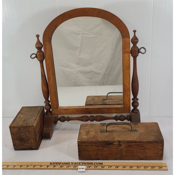 LOT OF 3 - WOODEN BOXES & SHAVING MIRROR - SEE ALL PICS