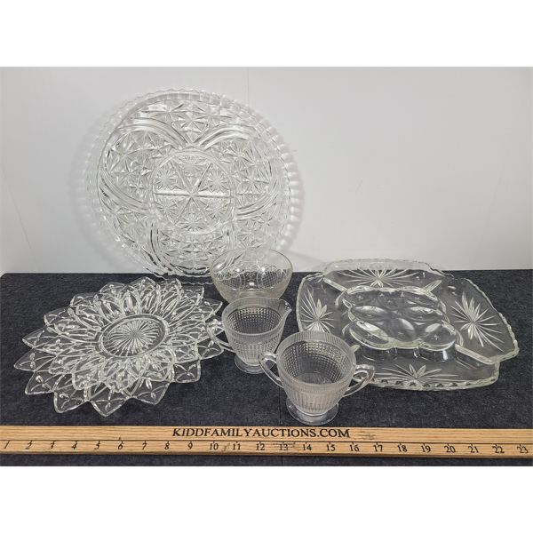 LOT OF 7 - CUT GLASS EGG PLATE, SERVING DISHES & CREAM & SUGAR DISHES, ETC. 