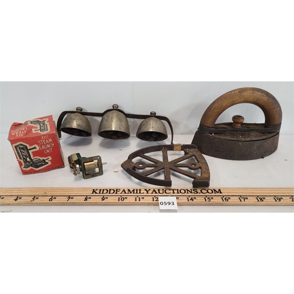 LOT OF 4 - STEAM LAUNCH UNIT, COAL (?) IRON W/ TRIVET & SLEIGH BELLS