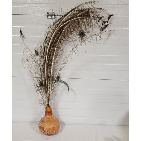 AFRICAN DECORATIVE POT W/ QTY PEACOCK FEATHERS