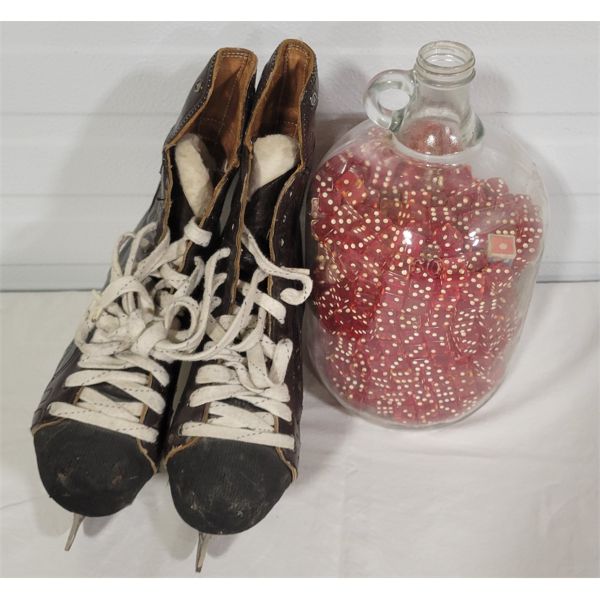 LOT OF 2 - VINTAGE CCM SKATES & JAR OF DICE