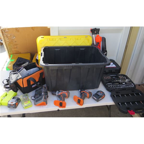 Multiple Power & Hand Tools in Plastic Bin