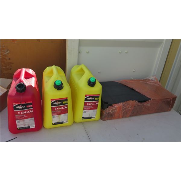 Qty 3 Plastic 5-Gallon Fuel Cans & Plastic Shelving