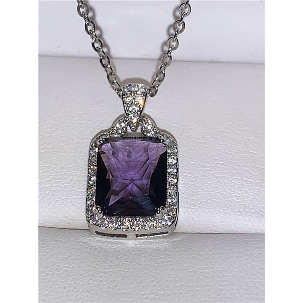 Silver Amethyst Emerald Cut 1,2 Carat Pendant & Chain Set