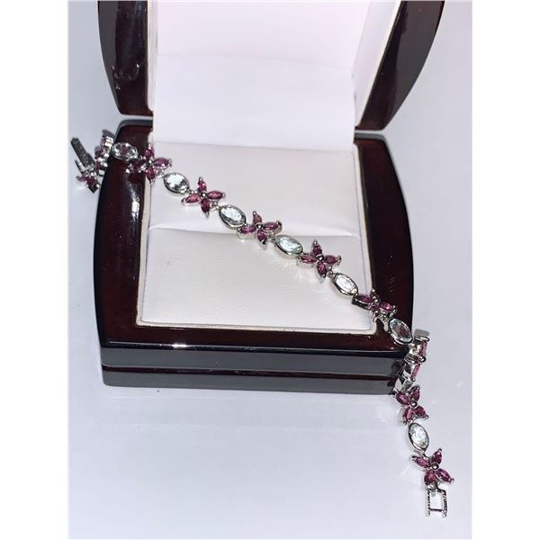 Natural Aquamarine & Garnet 17.20 Carat Marquise Cut Tennis Bracelet 925 Silver Appraised $1600.00