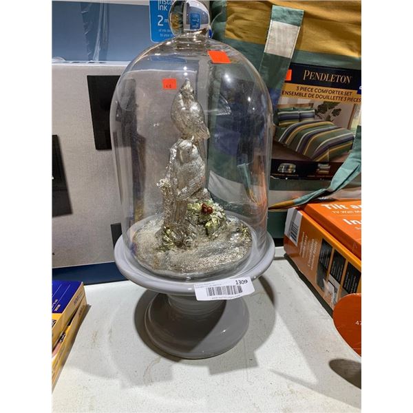 Decorative Silver Birds in Glass Dome on Grey Ceramic Stand