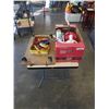 Image 1 : 4 WHEEL FLOOR DOLLY, TRAY OR RATCHET STRAPS, AND BOX OF ASSORTED SHOP SUPPLY, BROOM HEADS, GAS CAN E