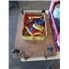 Image 2 : 4 WHEEL FLOOR DOLLY, TRAY OR RATCHET STRAPS, AND BOX OF ASSORTED SHOP SUPPLY, BROOM HEADS, GAS CAN E