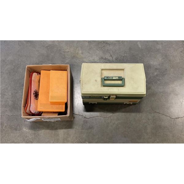 PLANO TACKLEBOX FULL OF FISHING GEAR, AND TACKLE, WEIGHTS, HOOKS, SHAKESPEAR REEL AND KNIFE, AND BOX