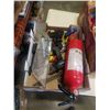 Image 2 : TRAY OF HOUSEHOLD ITEMS, COLEMAN LANTERN AND TRAY OF TOOLS, FIRE EXTINGUISHER, ETC