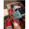 Image 8 : TRAY OF HOUSEHOLD ITEMS, COLEMAN LANTERN AND TRAY OF TOOLS, FIRE EXTINGUISHER, ETC