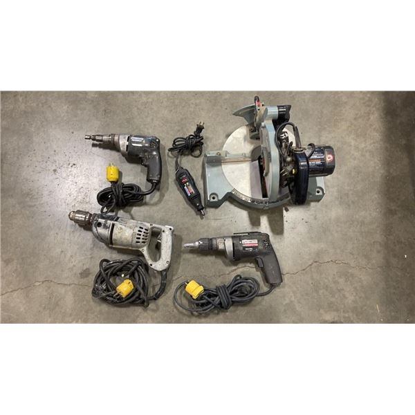 ASSORTED POWER TOOLS - DELTA CHOP SAW, DRYWALL, GUN, SCREW GUN, POWER TOOLS, ETC