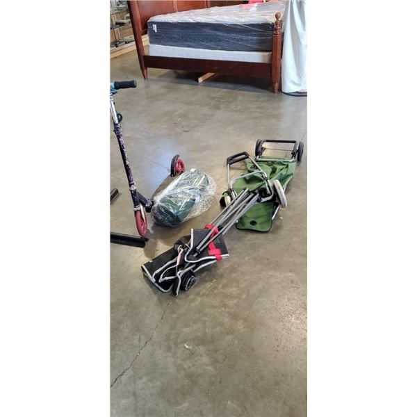 CAMP CHAIR, LARGE WHEEL SCOOTER, CAMP PAD, 2 SHOPPING CARTS