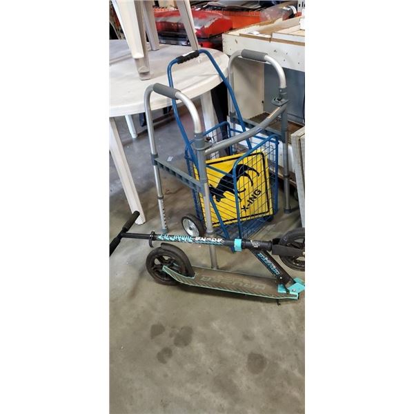 PERSONAL SHOPPING CART WITH FOLDING WALKER, FOLDING SCOOTER AND MOOSE CROSSING METAL SIGN