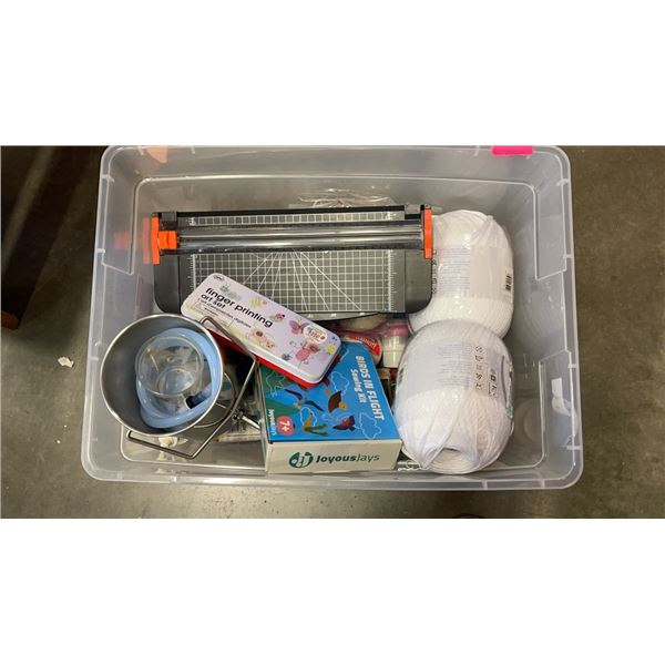 TOTE OF CRAFT SUPPLIES, THREAD, HEAT GUN, CUTTER ETC