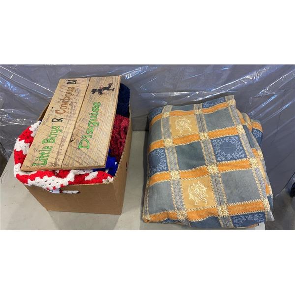 QUILT AND BOX OF KNITTED BLANKETS, AND WOOD SIGN