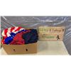 Image 2 : QUILT AND BOX OF KNITTED BLANKETS, AND WOOD SIGN