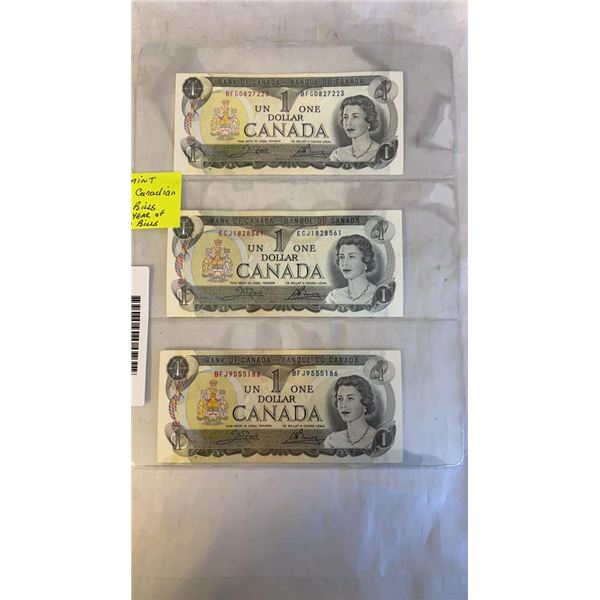 3 MINT 1973 CANADIAN $1 BILLS - LAST YEAR OF THE $1 BILL