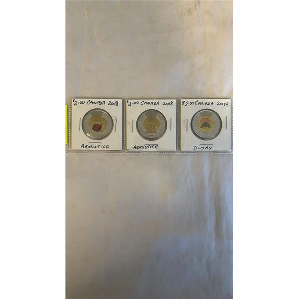 3 CANADIAN RARE TOONIES - 2018 ARMISTICE (BOTH TYPES) 2019 D-DAY