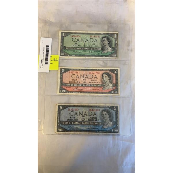 3 - 1954 CANADIAN BILLS $1, $2, $5