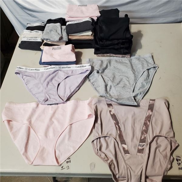 LOT OF NEW SIZE X-SMALL TO MEDIUM LADIES PUMA, EDDIE BAUER, CALVIN KLEIN AND MAIDENFORM UNDERWEAR AN